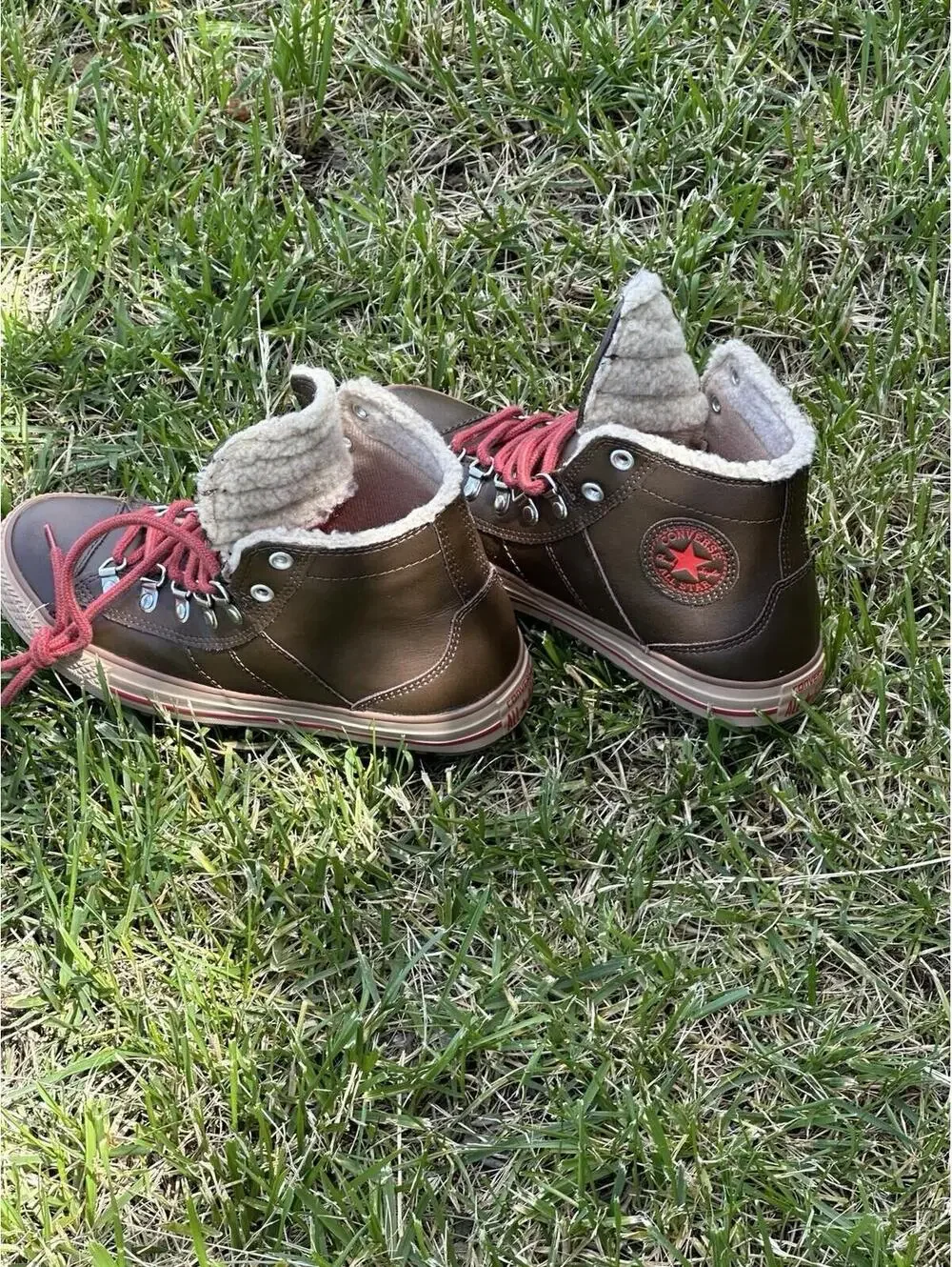 Converse All Star 632531C Brown Leather High Top Boots Kids Lined Red Laces US 4